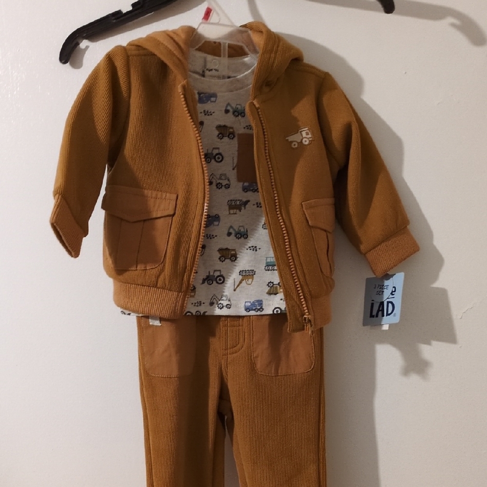 Little Lad 3 PC Caramel Jacket Hoodie/Pants T-shirt w/Car Print 12M